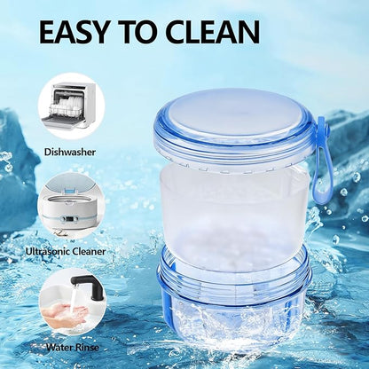 No Leak Partial Denture Case Retainer Bath Box Cup, Denture Soaking Cup False Teeth Holder Box Case with Strainer Basket and Brush - Transparent Blue