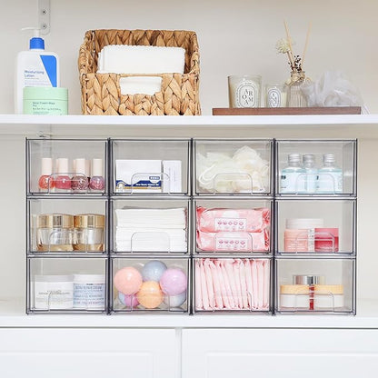 Vtopmart 12 Pack Clear Small Stackable Storage Drawers,Acrylic Bathroom Makeup Organizer,Plastic Storage Bins For Vanity, Undersink, Kitchen Cabinets, Pantry, Home Organization