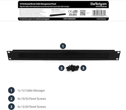 StarTech.com 1U High-density Brush Strip Cable Management Panel, Sturdy Steel Horizontal Data Centre Cable Organizer