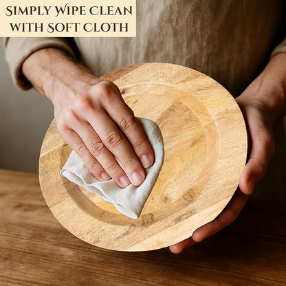 CLEENTABLE Wooden Serving Platter Set of 2-13" Handcrafted Serving Plates - Round Rustic Natural Tableware for Indoor/Outdoor Dining, Weddings, Holidays, Party, Sushi, Dinnerware (Natural)