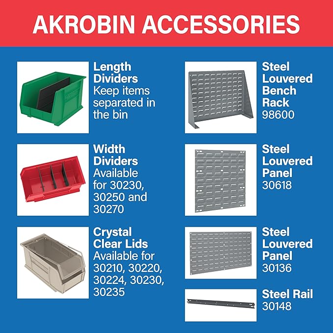 Akro-Mils 30230 AkroBins Plastic Storage Bins, Space-Saving Stackable Bins for Garage, Pantry, Craft Organization, 10.5 "L x 5.5 "W x 5"H, Blue, 12-Pack