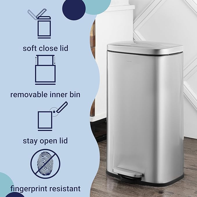 happimess HPM1011A Curtis 8-Gallon Step-Open Trash Can with Soft-Close Lid, Modern, Minimalistic, Fingerprint Proof for Home, Kitchen, Laundry Room, Office, Bedroom, Bathroom, Chrome