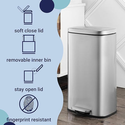 happimess HPM1011A Curtis 8-Gallon Step-Open Trash Can with Soft-Close Lid, Modern, Minimalistic, Fingerprint Proof for Home, Kitchen, Laundry Room, Office, Bedroom, Bathroom, Chrome