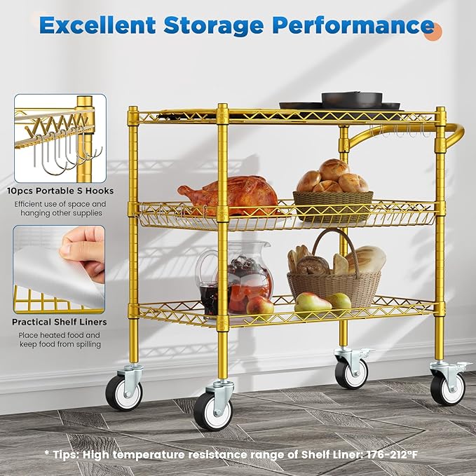 Leteuke 3 Tier Rolling Carts with Wheels,Heavy Duty Utility Bar Cart,NSF Commercial Grade Metal Cart with Handle&Shelf Liner,Trolley Serving Cart for Kitchen,Restaurant,Plant Display,Gold