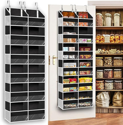 Over The Door Organizer 6 Tiers, Extra Large Behind Door Storage of 12 Compartments, 80 lbs Weight Capacity Hanging Storage Organizer with Clear Window Kids Toys, Shoes, Diapers, Room Storage,Black