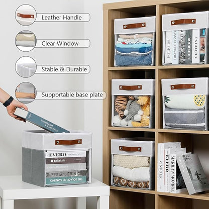 HNZIGE 11x11 Cube Storage Bins for Cube Organizer, Clear Fabric Storage Cubes for Storage Shelves, Collapsible Decorative Storage Bins for Clothes Closet Toys Cubby Storage Bin(White Gray 6 PCS