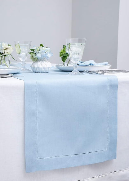 Solino Home Linen Hemstitch Table Runner 108 Inches Long - 100% Pure Linen Sky Blue Table Runner 14 x 108 Inch for Holiday, Christmas, New Year - Classic Hemstitch