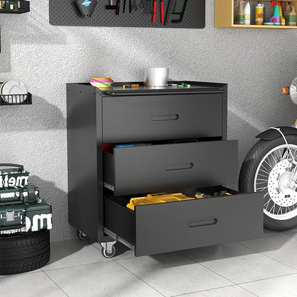 Metal Storage Cabinet with Wheels, Garage Storage Cabinet with 3 Drawers, Rolling Tool Storage Cabinet, Assembly Required, Black