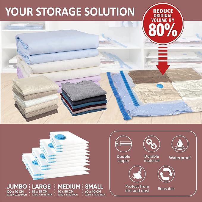10 Space Saver Vacuum Sealed Storage Bags (2 Jumbo/2 Large/3 Medium/3 Small) with Hand Pump, Seal Bags for Clothing, Comforters, Pillows, Towel, Blanket Storage, Bedding