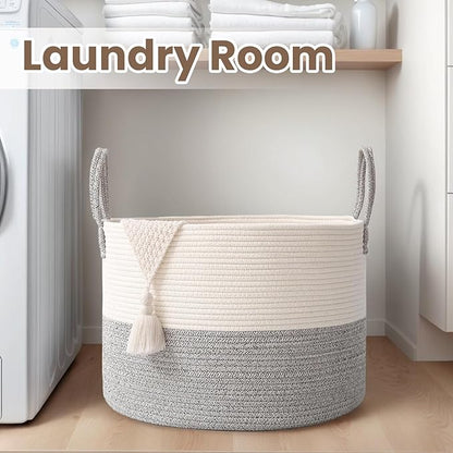 Woven Blanket Basket,115L Large Rope Storage Bin with Handles, Organizer for Blankets Toys Book and Clothes, Laundry Basket for Living Room Bedroom Nursery,White&Grey