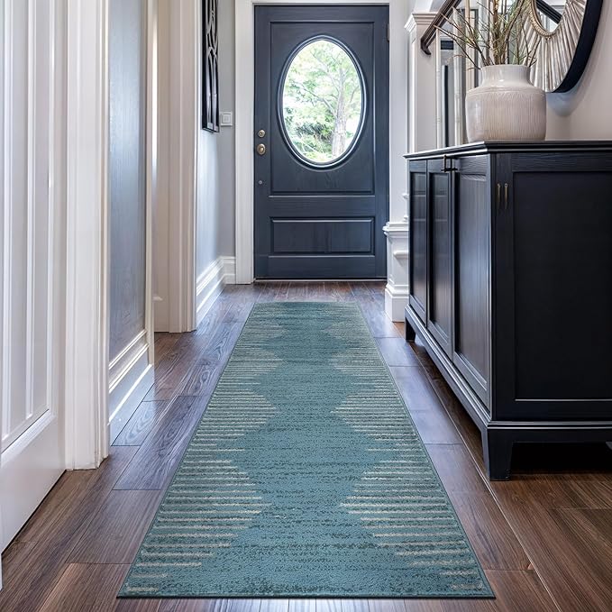 Rugshop Bohemian Stripe Stain Resistant High Traffic Living Room Kitchen Bedroom Dining Home Office Area Rug 2' x 7' Blue