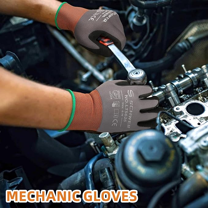 Schwer 6 Pairs Safety Work Gloves with Sandy Nitrile Coating LT5626, Max Abrasion Resistance Heavy Duty Gloves with Grip for Men and Women, Ideal for General Use, Mechanic, Construction, Gardening, S
