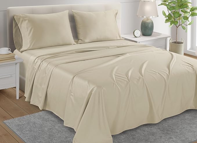 Queen Sheet Set - 800TC Egyptian Cotton Bedding Sheets & Pillowcases - Soft, Durable and Luxurious 4PC Sateen Weave Ivory Bed Sheets for Queen Size Bed, No Pill & Shrink Thick Machine Washable