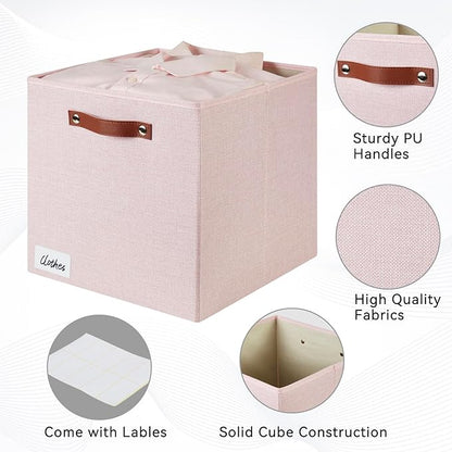 Collapsible Fabric Storage Cube Bins with 2 Reinforced PU Handles, Foldable Storage Organizer Baskets for Closet, Shelves, Living Room | 13"x13"x13", 4 Pack, Full Pink