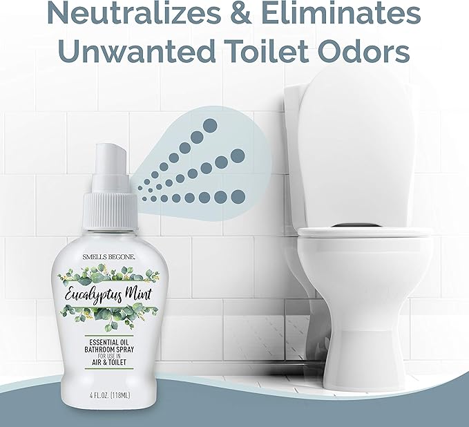 SMELLS BEGONE 4 oz Essential Oil Air Freshener Bathroom Spray - Eliminates Bathroom & Toilet Odors - Made with Essential Oils - Eucalyptus Mint Scent