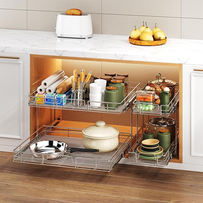 2 Tier Individual Pull Out Cabinet Organizer 30" W x 21½" D, Heavy Duty Cabinet Pull Out Shelves, Slide Out Drawers Organization for Kitchen Cabinets Bathroom