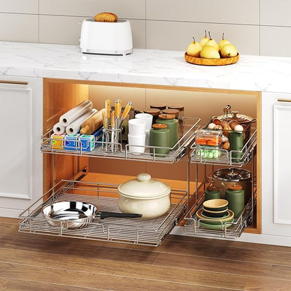 2 Tier Individual Pull Out Cabinet Organizer 28½" W x 21½" D, Heavy Duty Cabinet Pull Out Shelves, Slide Out Drawers Organization for Kitchen Cabinets Bathroom
