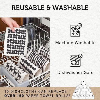 Nordhus Design Swedish Dishcloths, 10 Cloths, Made in Sweden - Reusable, Washable Cellulose Cotton Kitchen Cloths - Replace Paper Towels, Wipes, Sponges, Dish Rags