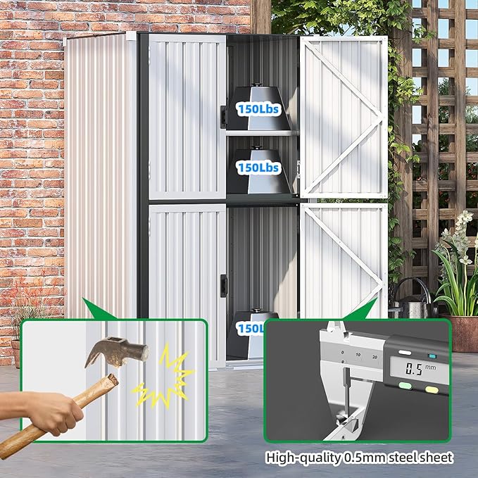 AECOJOY Outdoor Storage Cabinet, Outdoor Cabinets Waterproof with Shelves, Large Lockable Storage Cabinet Metal Vertical Storage Shed Tall Weatherproof Garden Sheds & Outdoor Storage White