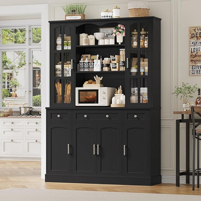 Keyluv 74.8" H Tall Pantry Cabinet with Microwave Stand and 3 Drawers, Large Kitchen Hutch Storage Cabinet with Glass Door and Adjustable Shelves for Kitchen, Dining Room, Living Room, Black