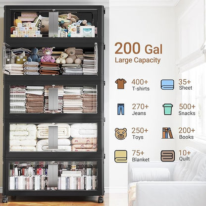 BROVIEW 800QT Stackable Storage Bins with Lids, 200Gal Extra Large Collapsible Storage Box with Wheel, Plastic Storages with Clear Door Open Front for Home Kitchen Garage, Black-5pack(5 lids)