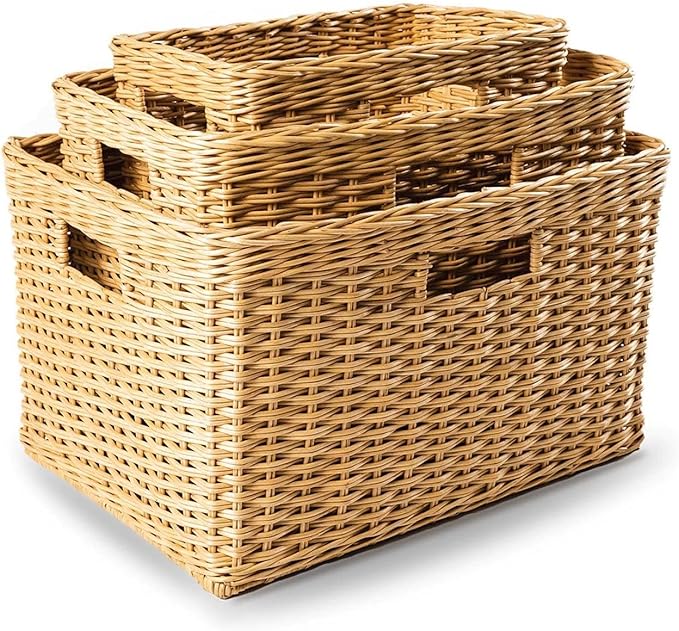 The Basket Lady Tall Rectangular Wicker Storage Basket, Large, 22.5 in L x 16 in W x 12.5 in H, Sandstone
