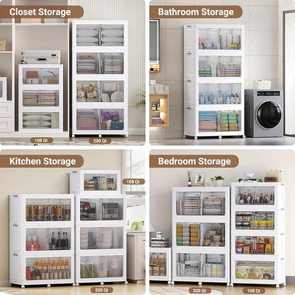 BROVIEW 69.3"H 200Gal Plastic Storage Bins with Lid & Wheels,4Pack Extra Large Stackable Storage Bins with Dividers,Closet Organizers and Storage Cabinet Collapsible Box Shelves for Home Kitchen,White