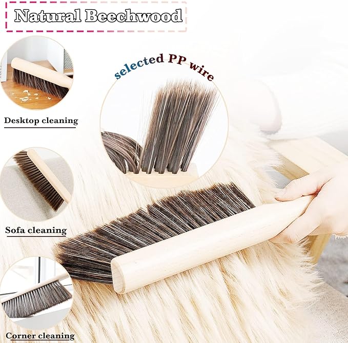 2Pcs Hand Broom Brush Beech Wood,Dust Brush,Duster for Counter,12inch Foxtail Bench Brush, Round Handle Handheld Brushes,5 Rows Soft Bristles for Bed,Shop Table,Woodworking Cleaning,Car,Sofa