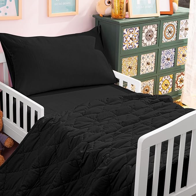 NTBAY Toddler Bedding Set - 4 Piece Soft and Breathable Crib Bedding Set for Boys and Girls, Includes Quilted Comforter, Fitted Sheet, Flat Top Sheet and Envelope Pillowcase, Black