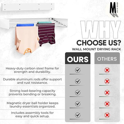 Wall Mounted Laundry Drying Rack, Retractable Clothes Drying Rack, 6 Rods Towel Drying Rack with Wall Template for Installation, Magnetic Dryer Ball Holder with Dryer Balls, White