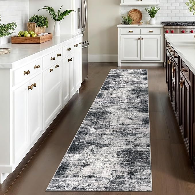 IOHOUZE Abstract Runner Rug 2x10 Ft Washable Runners for Hallways, Non Slip Kitchen Runner Printed Faux Wool Entryway Runner Indoor, Modern Abstract Floor Carpet for Hall Kitchen, Black Gey