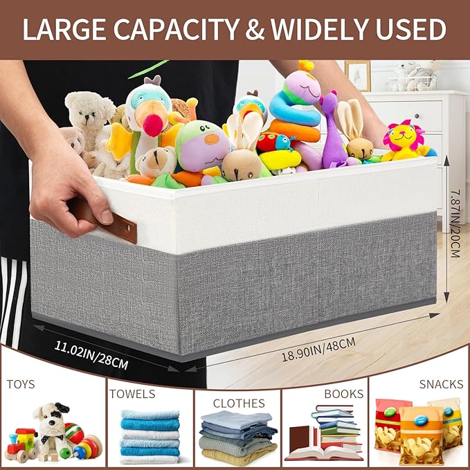6 Pack Closet Storage Bins, Storage Baskets for Shelves, Linen Closet Organizers and Storage with Leather Handles for Clothes,Towels, Sheets, Jeans, Toys, Books (Grey and White)