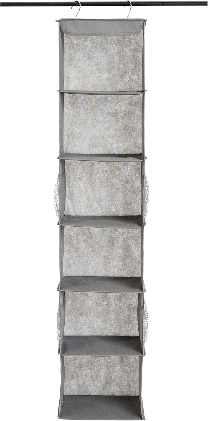 Amazon Basics 6-Tier Hanging Closet Shelf Organizer With Pockets, 8.5" D x 12" W x 9" H, Grey