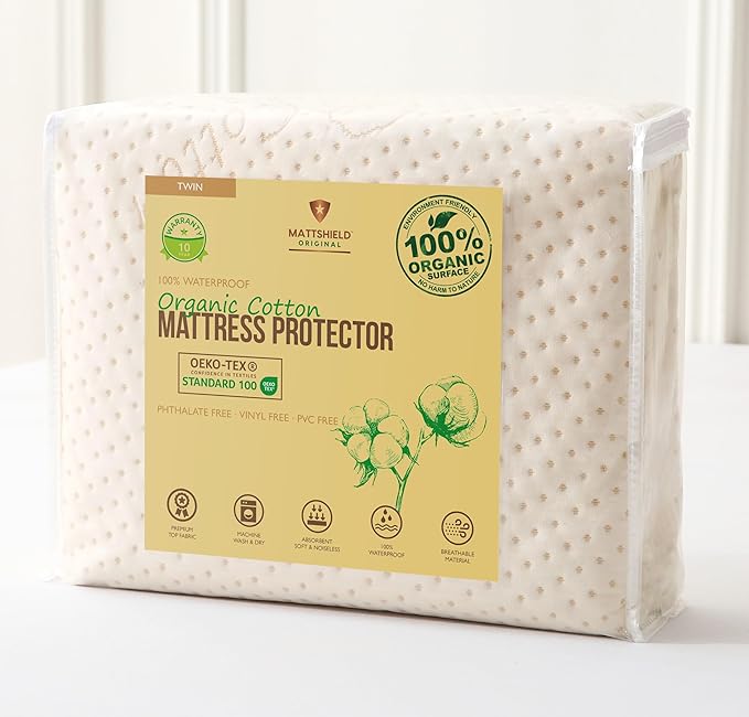 Luxury Waterproof Organic Mattress Protector Twin - Organic Cotton Breathable Mattress Pad Cover - New 380 GSM Comfort - Deep Pocket - Jersey Cotton Skirt - Fitted Comfort