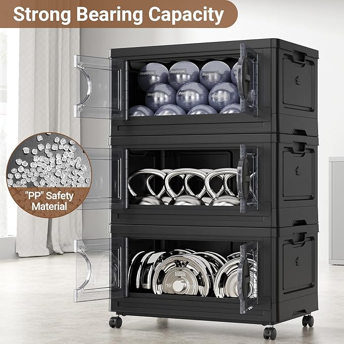 BROVIEW 360Qt Lockable Stackable Storage Bins with Lids, Closet Organizers and Storage Drawer, Collapsible Storage Bin with Wheels, Plastic Cabinet for Toy Clothes Dorm Organizer, V9 3 Pack Black