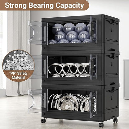 BROVIEW 360Qt Lockable Stackable Storage Bins with Lids, Closet Organizers and Storage Drawer, Collapsible Storage Bin with Wheels, Plastic Cabinet for Toy Clothes Dorm Organizer, V9 3 Pack Black