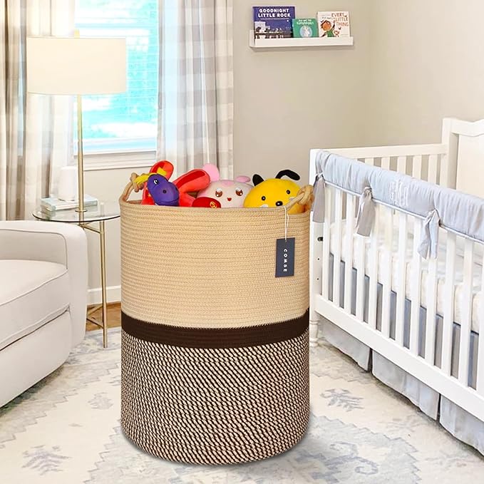 COMSE Extra Large Blanket Basket, Tall Woven Storage Basket, Nursery Hamper, 15.7”x 21.7”, Cotton Rope Laundry Hamper for Toys Clothes Towels, Blend Brown/Black