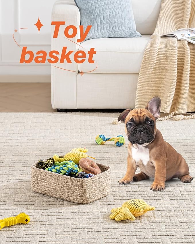 Small Woven Basket, 12 x 8 x 4.5 Inches, Storage Basket for Organizing, Cute Small Rope Shelf Closet Cube Storage Bins Baskets for Shelves, Dog Toy Gift Baskets Empty, 3 Packs, Mixed Brown