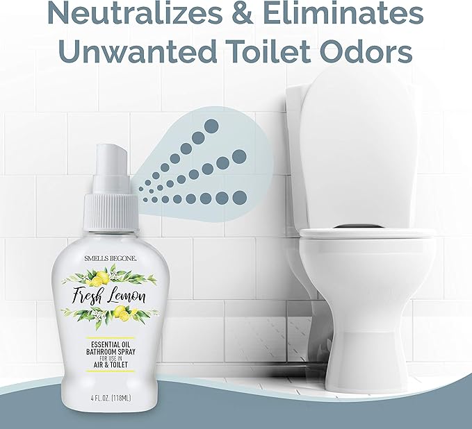 SMELLS BEGONE 4 oz Essential Oil Air Freshener Bathroom Spray - Eliminates Bathroom & Toilet Odors - Made with Essential Oils - Fresh Lemon Scent