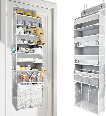 Door Hanging Storage Organizer,with 3 Bins 1 Movable Baby Diaper Caddy,1 Large capacity diaper stacking storage Organizer,10 Side Pockets ,Bedroom Door Storage for Nursery Baby Essentials.Grey 1 Pack.