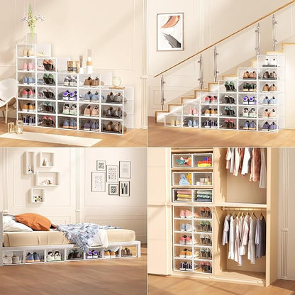 Secret Space 12 Pack XX Large Shoe Organizer Storage Boxes for Closet, Modular Space Saving Shoe Boxes Clear Plastic Stackable Sneaker Containers Display Case with Lids, Pearl White03