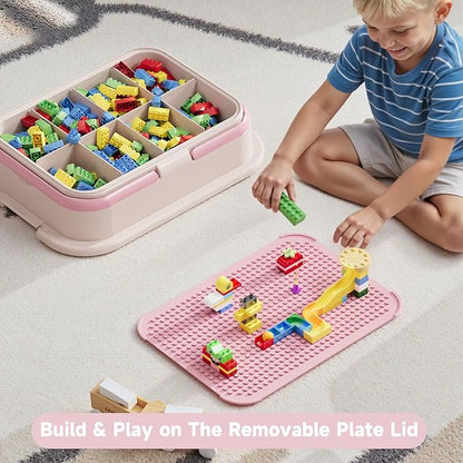 Toy Storage Organizer Box with Handle, Stackable Building Block Toy Box with Building Plate Lid & Removable Sorting Trays, Cubby Bins and Containers 1 Layer (Pink)