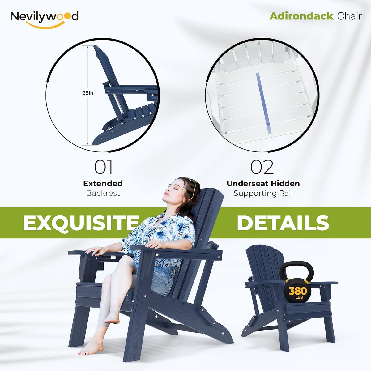 Folding Adirondack Chair - Extended Ergonomic Backrest, Cup Holder - Easy Assembly - Durable HDPE Plastic, Weather Resistant & Maintenance-Free - Lawn, Patio, Deck Supports 380lbs NavyBlue