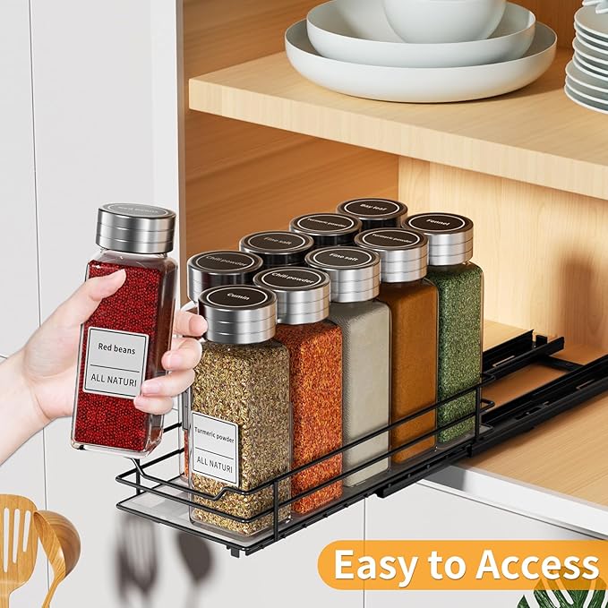 RCHYFEED Pull Out Spice Rack Organizer for Cabinet,Slide out Spice Organizer for Inside Cabinets,Heavy Duty Spice Organization for Kitchen and Pantry,Seasoning,Sauces(1-Tier,4.5" Wx10.5 Dx2.5 H)
