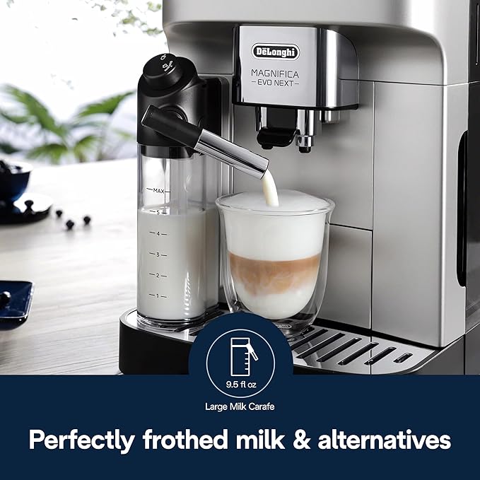 De'Longhi Magnifica Evo Next Fully Automatic Espresso Machine - Programmable Coffee Maker with Grinder and Milk Frother - Hot & Cold Brewer for Espresso, Latte, Cappuccino, Americano, Tea and More