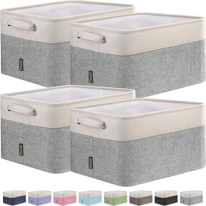 BALEINE 4 Pack Fabric Storage Bins for Shelves, Linen Storage Baskets for Organizing, Decorative Closet Bins for Clothes, Home (Grey, 15"x11"x9.5")