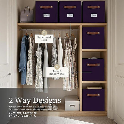 DECOMOMO Storage Baskets, 13x15x13 Storage Cube Bins with Labels for Organizing Shelves Kallax (Kallax / 4pcs, Deep Purple)