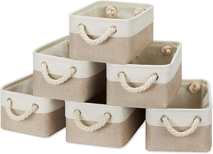 Temary Small Fabric Storage Baskets 6 Pcs Decorative Baskets Bins for Gifts Empty Foldable Storage Basket with Handles for Organizing Shelf, Towels (White&Khaki,11.8 L x 7.9 W x 5.3 H inches)