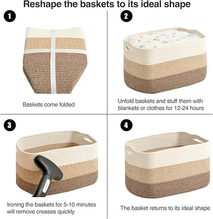 Large Storage Baskets for Organizing Shelves, Woven Cotton Rope Bins for Baby Nursery Organization, Book Toy Towel Organizer, 17"x13"x9.5", 3 Packs, Gradient Brown