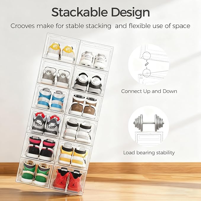 Pinkpum Upgraded Hard Shoe Storage Box 12 Pack X-Large Fit Size 12, Thicken & Sturdy Clear Plastic Stackable Shoe Organizer Box Closet, Sneaker Storage Display Case Holder Bins with Magnetic Door